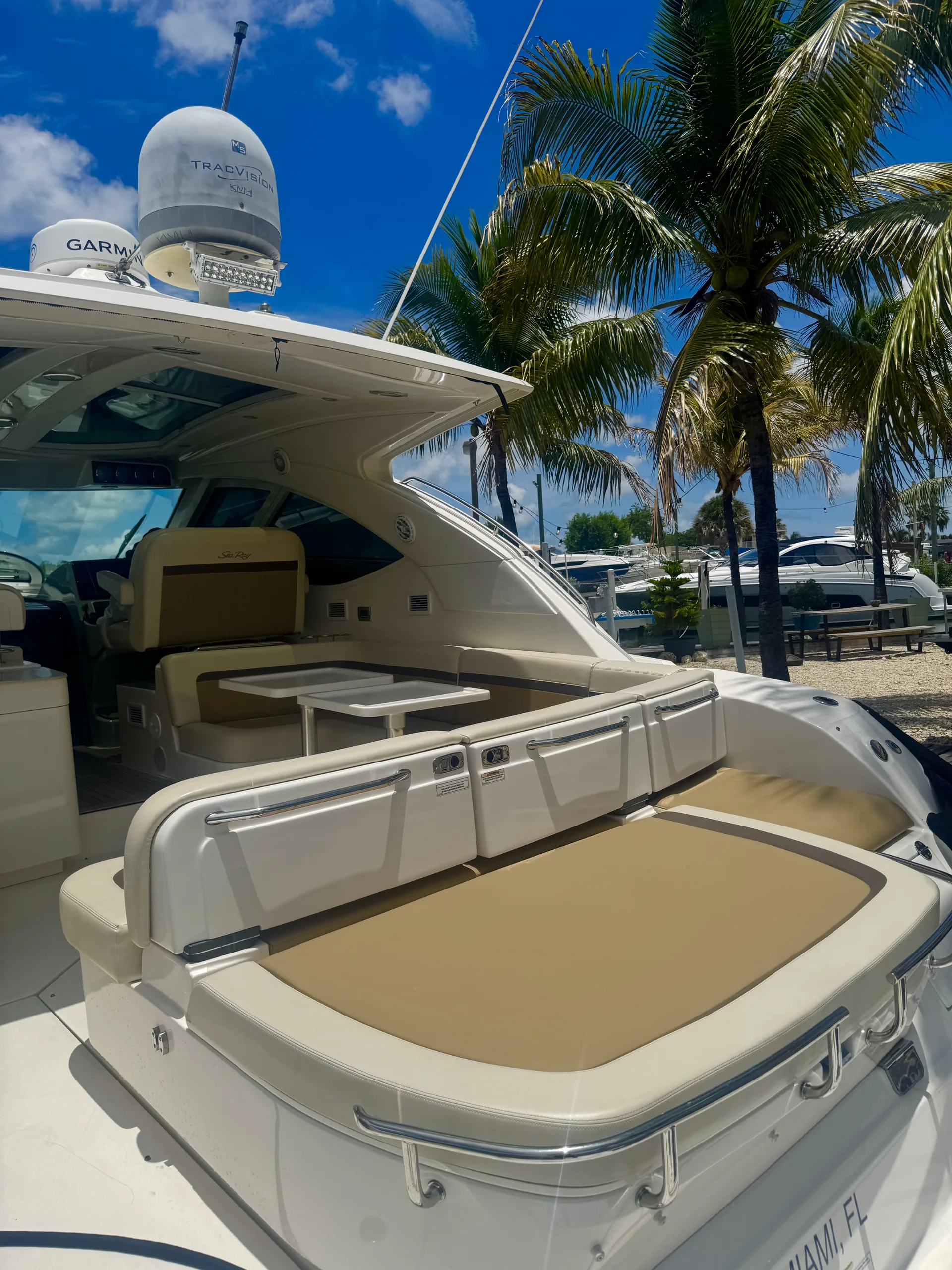 Aft cockpit lounge and sun pad at the marina