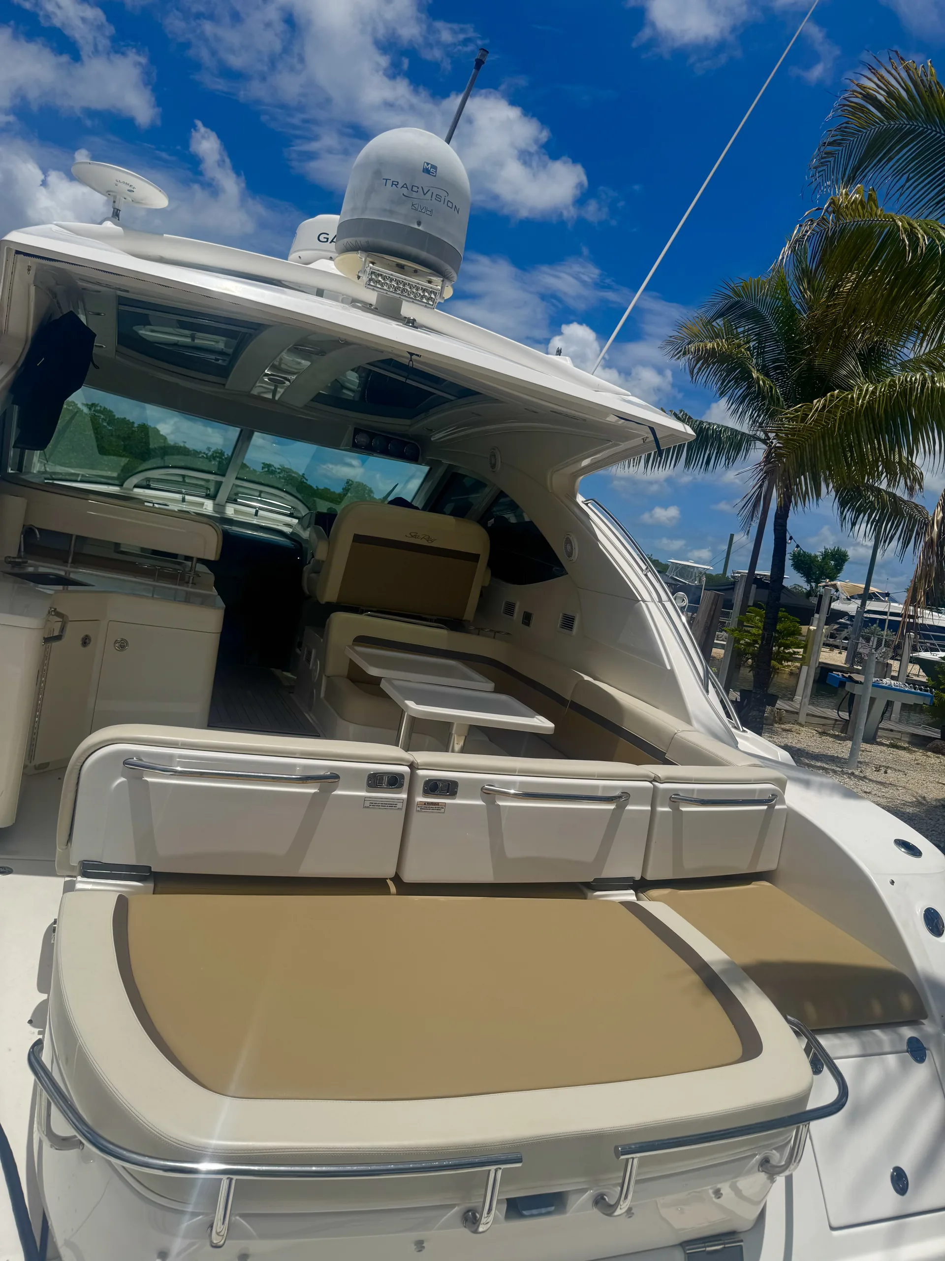 The aft sun pad and radar arch dockside